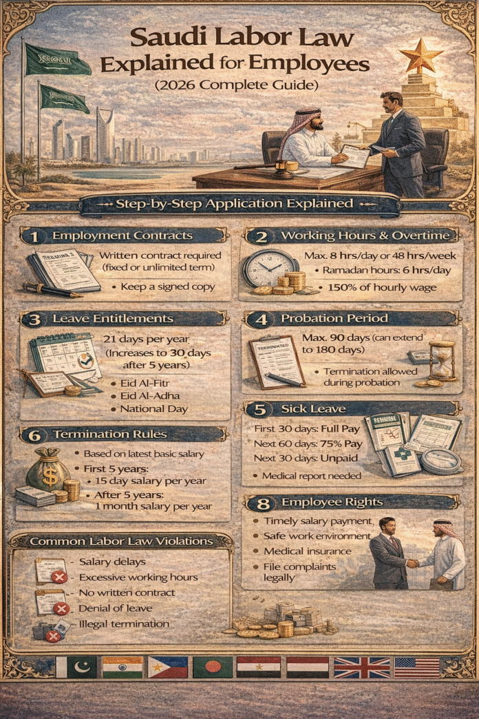 Saudi labor law for employees showing worker rights, contracts, working hours, and benefits in 2026