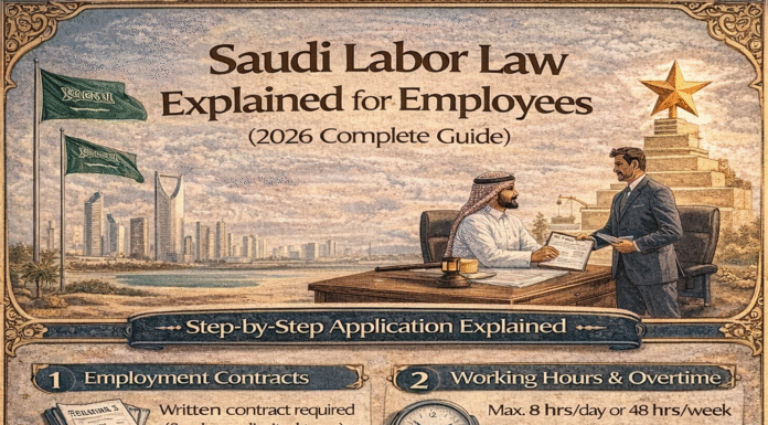 Saudi Labor Law Explained for Employees (2026 Complete Guide) Saudi labor law for employees showing worker rights, contracts, working hours, and benefits in 2026