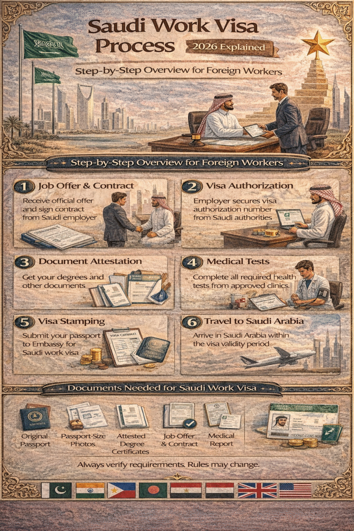 Saudi work visa process 2026 step-by-step infographic for expats