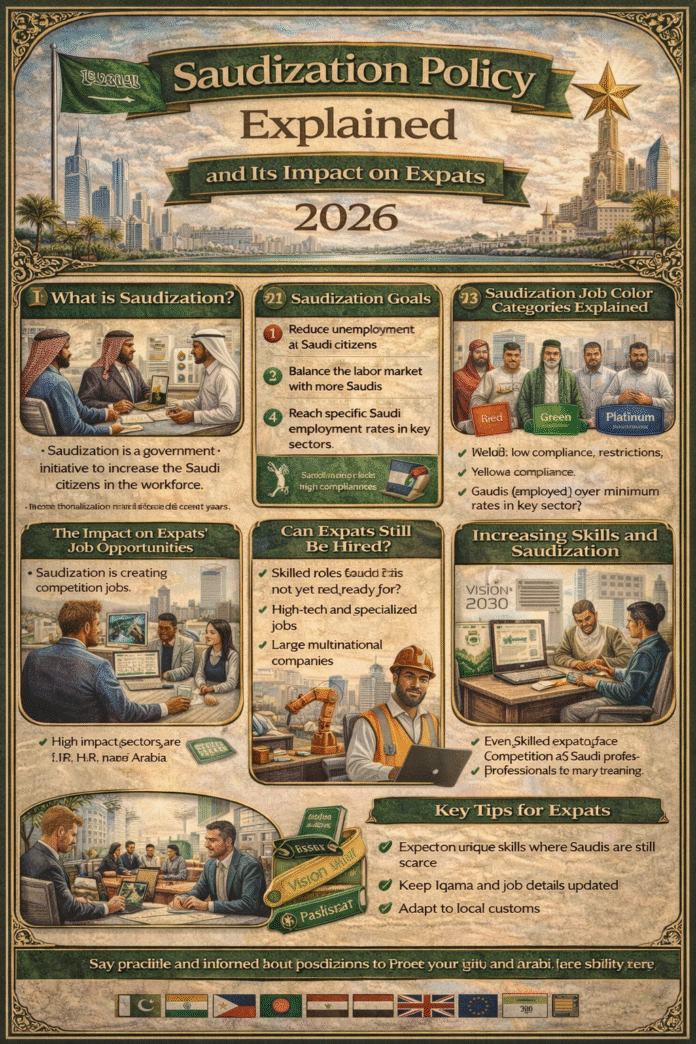 Saudization policy in Saudi Arabia explaining its impact on expat jobs, employment sectors, and work visas in 2026