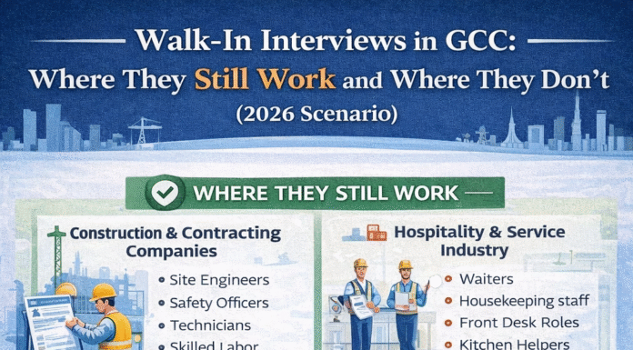 Walk-In Interviews in GCC: Where They Still Work and Where They Don’t (2026) Infographic showing where walk-in interviews work and where they don’t in GCC countries