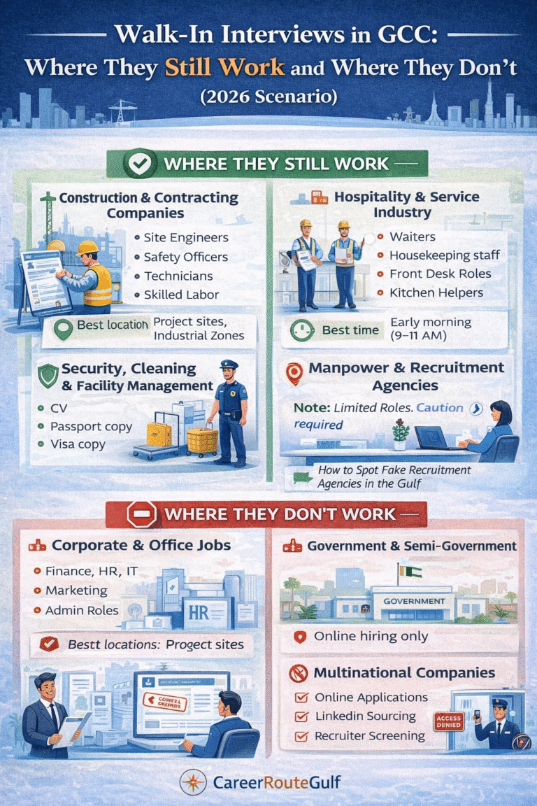 Infographic showing where walk-in interviews work and where they don’t in GCC countries