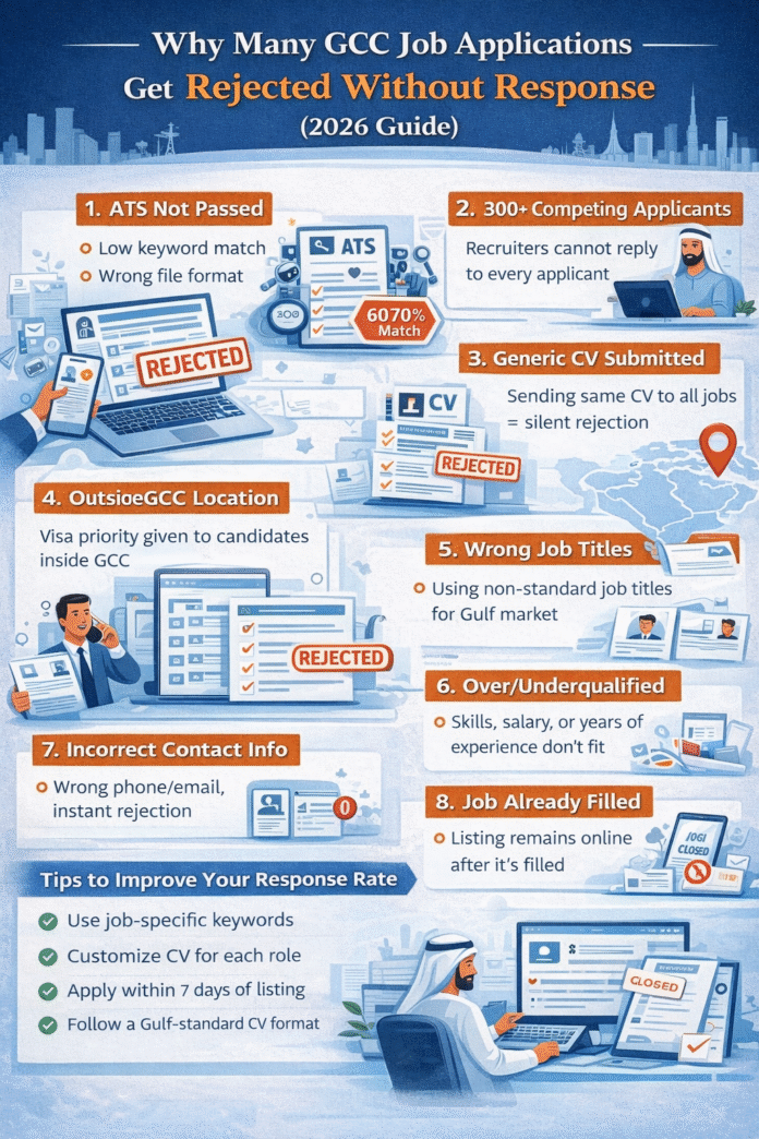 Illustration showing common reasons why GCC job applications are rejected without recruiter response