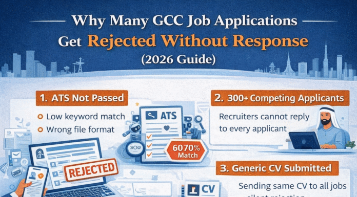 Why Many GCC Job Applications Get Rejected Without Response (2026 Guide) Illustration showing common reasons why GCC job applications are rejected without recruiter response