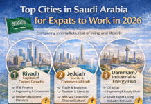 Top Cities in Saudi Arabia for Expats to Work in 2026 Infographic showing top cities in Saudi Arabia for expat job opportunities in 2026