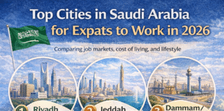 Top Cities in Saudi Arabia for Expats to Work in 2026 Infographic showing top cities in Saudi Arabia for expat job opportunities in 2026