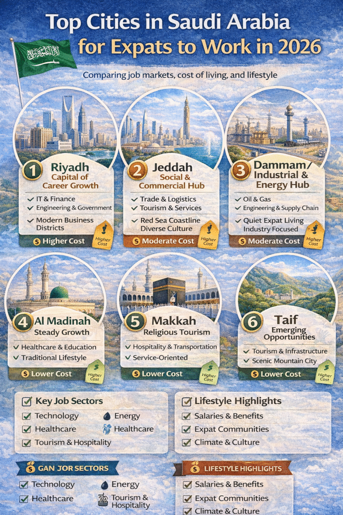 Infographic showing top cities in Saudi Arabia for expat job opportunities in 2026