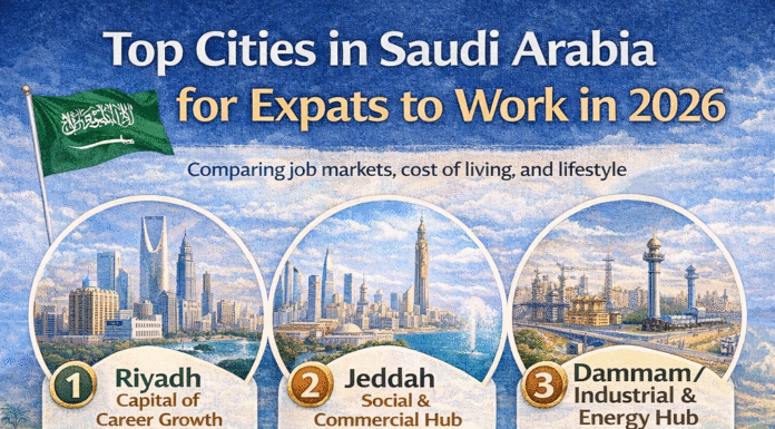 Top Cities in Saudi Arabia for Expats to Work in 2026 Infographic showing top cities in Saudi Arabia for expat job opportunities in 2026