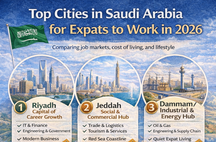 Infographic showing top cities in Saudi Arabia for expat job opportunities in 2026