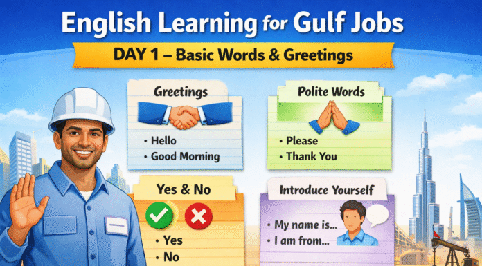 English Learning for Gulf Jobs – Day 1: Basic Words & Greetings English learning for Gulf jobs basic words and greetings
