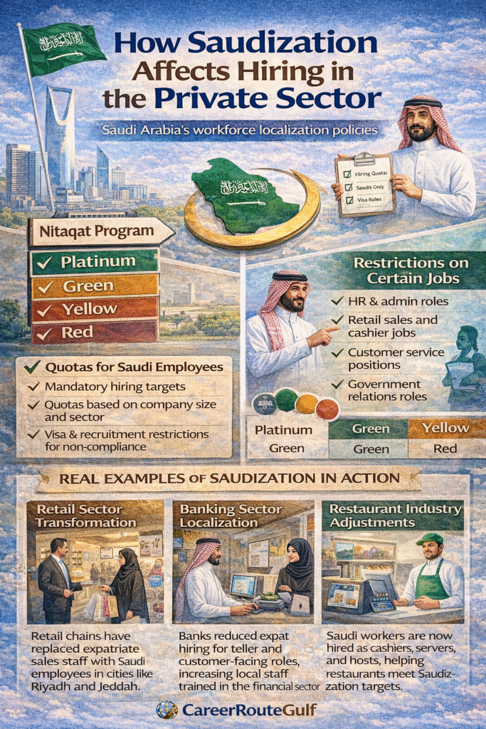 Infographic explaining how Saudization affects hiring in Saudi Arabia private sector