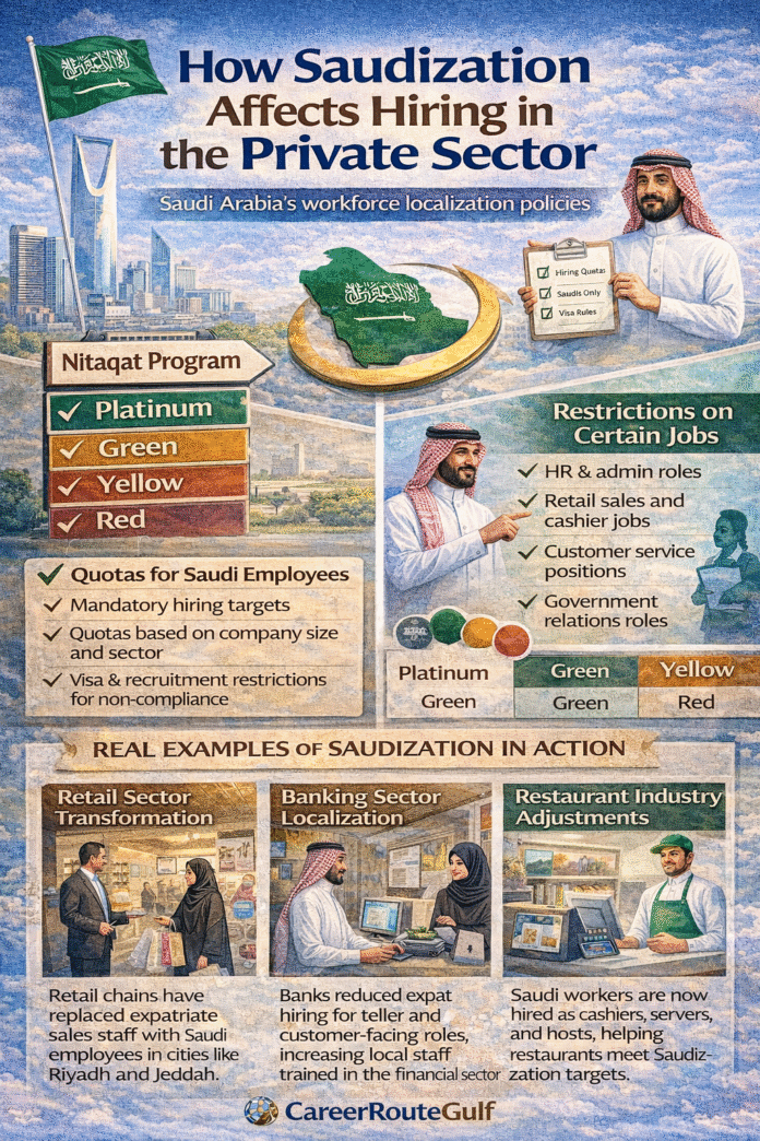 Infographic explaining how Saudization affects hiring in Saudi Arabia private sector