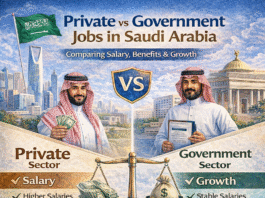 Comparison of private vs government jobs in Saudi Arabia showing salary, benefits, and career growth differences