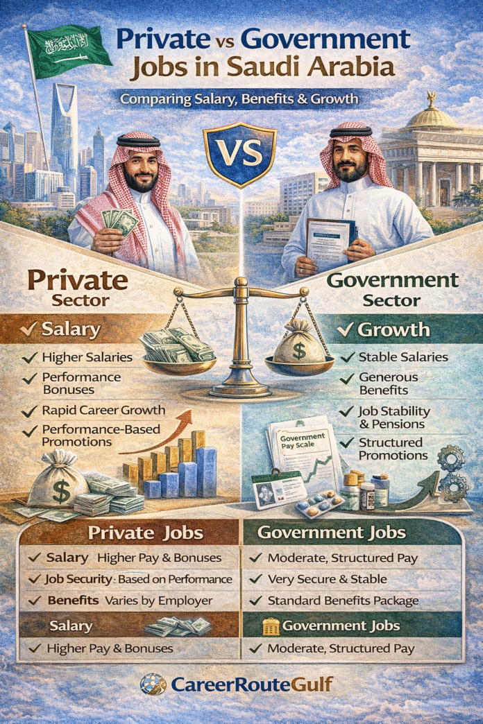 Comparison of private vs government jobs in Saudi Arabia showing salary, benefits, and career growth differences