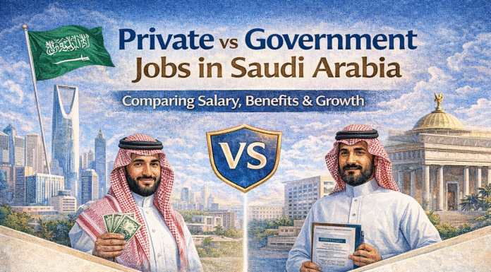 Private vs Government Jobs in Saudi Arabia: Salary, Benefits & Growth Comparison of private vs government jobs in Saudi Arabia showing salary, benefits, and career growth differences