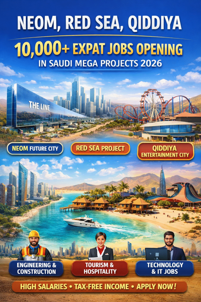Latest Saudi jobs 2026 NEOM Red Sea Qiddiya vacancies infographic