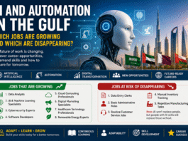 AI and Automation in the Gulf: Which Jobs Are Growing and Which Are Disappearing? AI and automation in Gulf jobs showing future careers and digital transformation