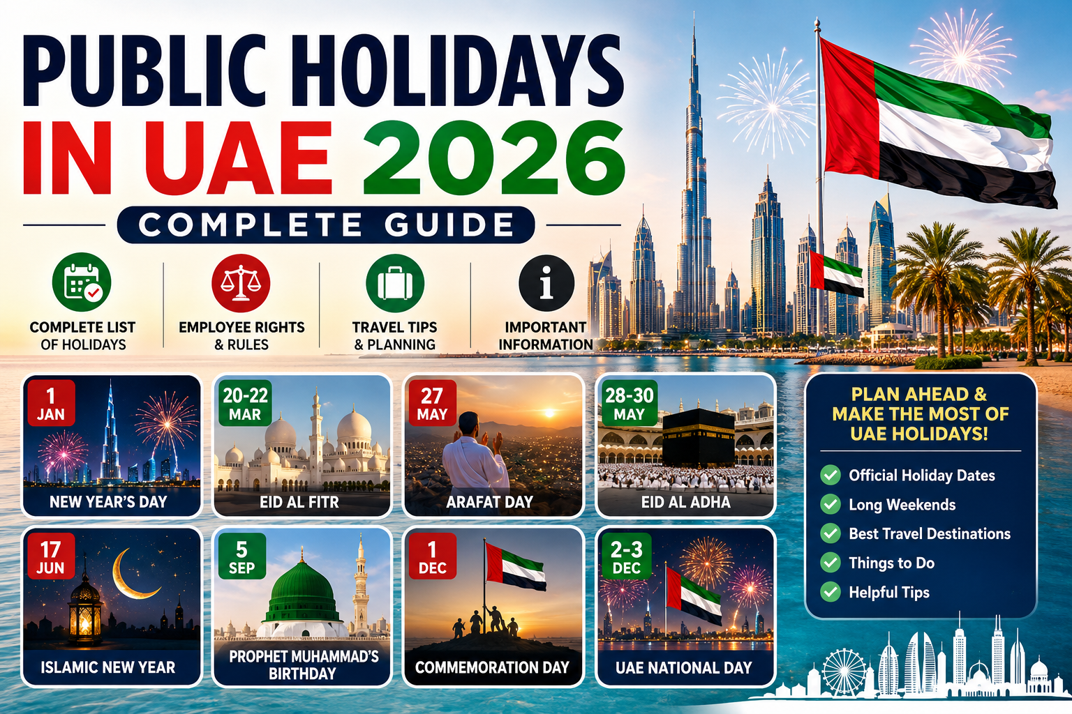Public Holidays in UAE 2026: Complete Guide UAE skyline during public holiday celebrations