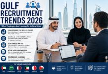 Gulf Recruitment Trends 2026: What Employers Are Looking for in New Hires HR manager interviewing a job applicant in a modern Gulf office