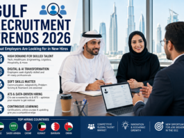 HR manager interviewing a job applicant in a modern Gulf office