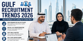 Gulf Recruitment Trends 2026: What Employers Are Looking for in New Hires HR manager interviewing a job applicant in a modern Gulf office