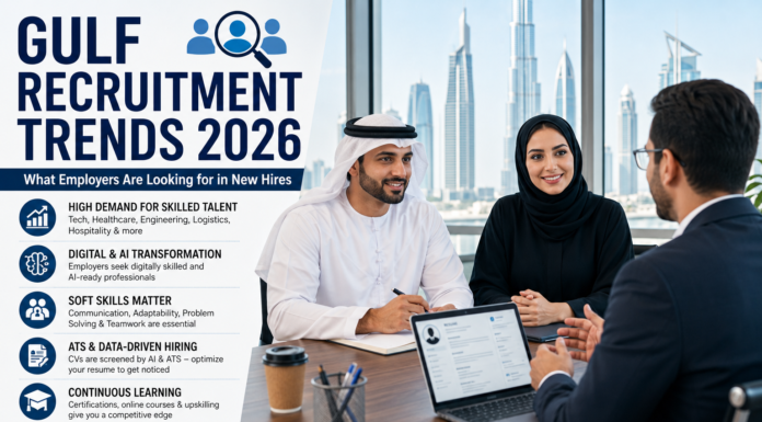 Gulf Recruitment Trends 2026: What Employers Are Looking for in New Hires HR manager interviewing a job applicant in a modern Gulf office
