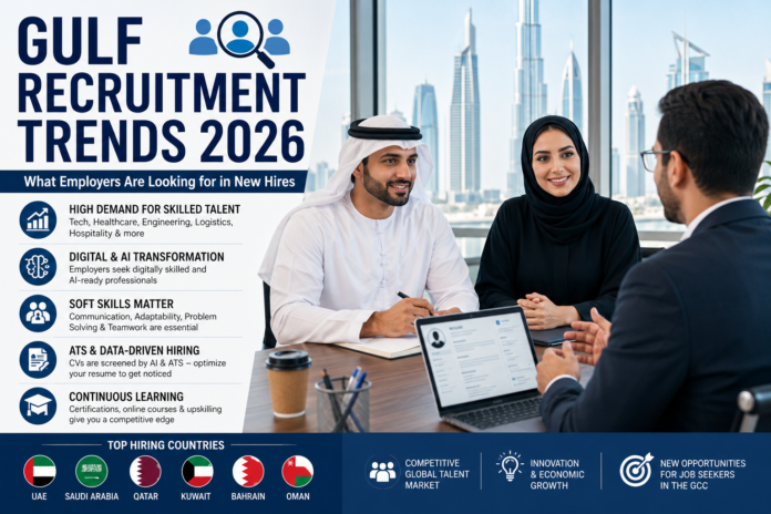 Gulf Recruitment Trends 2026 HR manager interviewing a job applicant in a modern Gulf office